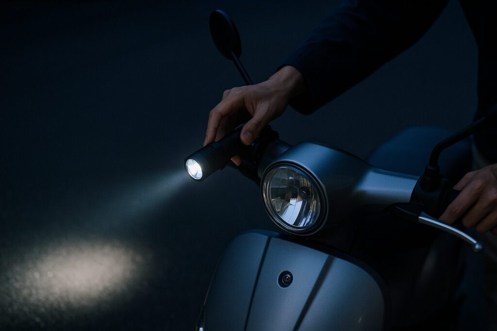 原付ハンドルに固定されたLEDライトが暗い道路を照らす緊急対応のイメージ