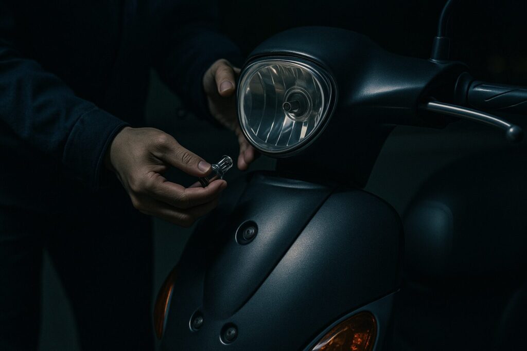 原付のライト部分を点検するライダーの手元。電球切れや配線不良を確認している様子